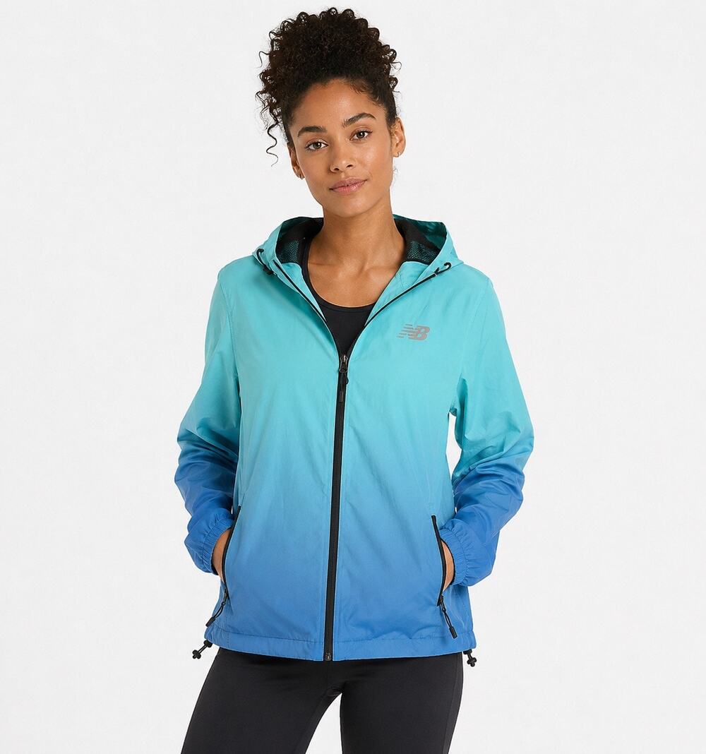 NWT New Balance Blue Ombre Hooded Windbreaker Water Resistant Jacket Size Medium